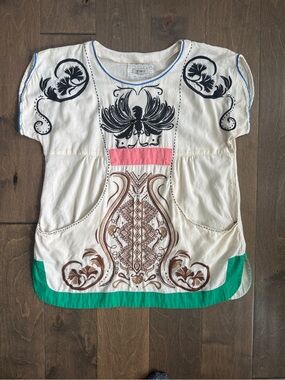 Isato Embroidered Boho Apron Pocket Peasant Top Sz Small